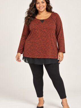 Allie & Rob Women's 2X Rust Black Marled Knit Sheer Hem Layered Tunic Top